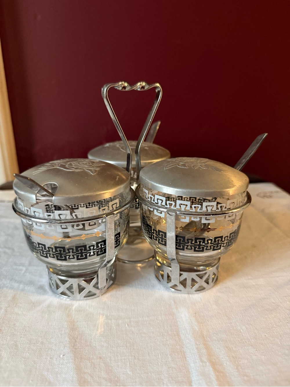 Vintage Libbey Glass Condiment Set with Silver-Tone Lids Holder Spoons